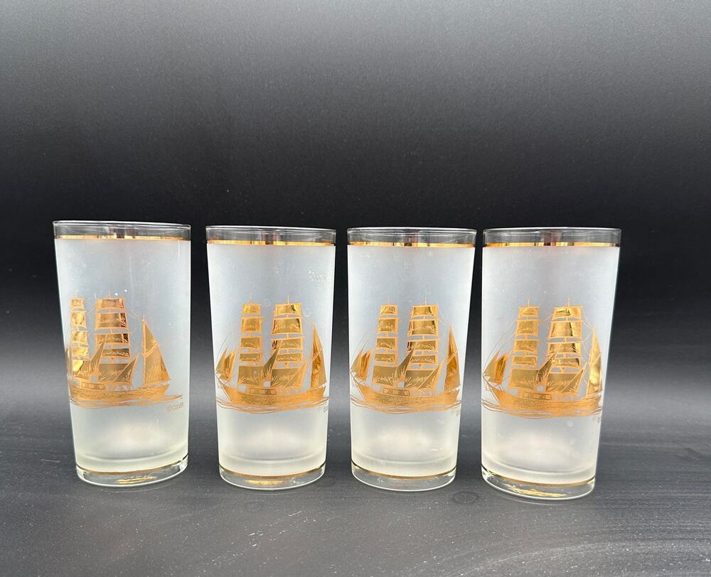Vintage Culver Gold Clipper Ships Frosted Highball Glass Set of 4